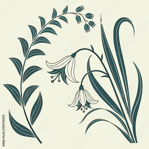 Illustration of floral elements with leaves and bell shaped flowers in teal and white color scheme art