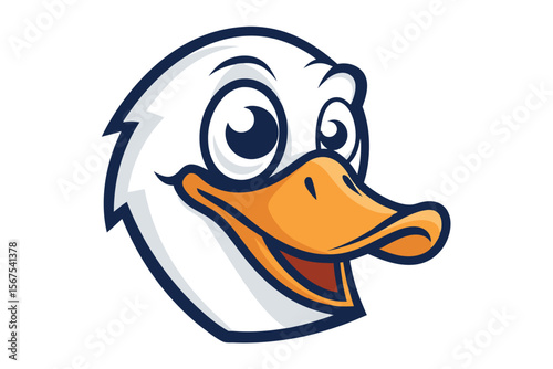 Smiling white cartoon goose head showing an orange beak and playful expression
