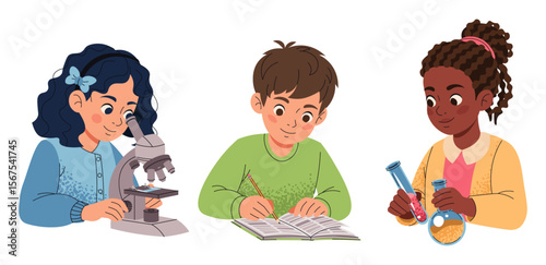 School Kids Set in Flat Design. Children with Microscope, Test Tubes, Homework. Girls and Boy in Classroom Activities for Science, Education. Back to School, Learning Materials, Teacher Resources