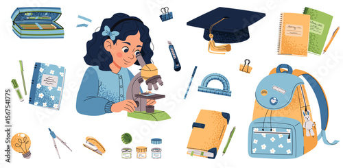 Back to School Set with Girl Using Microscope, Backpack, Books, Notebooks, Stationery, Academic Cap. Flat Design for School Stickers, Educational Materials, Classroom Decor, Planners. School Supplies.