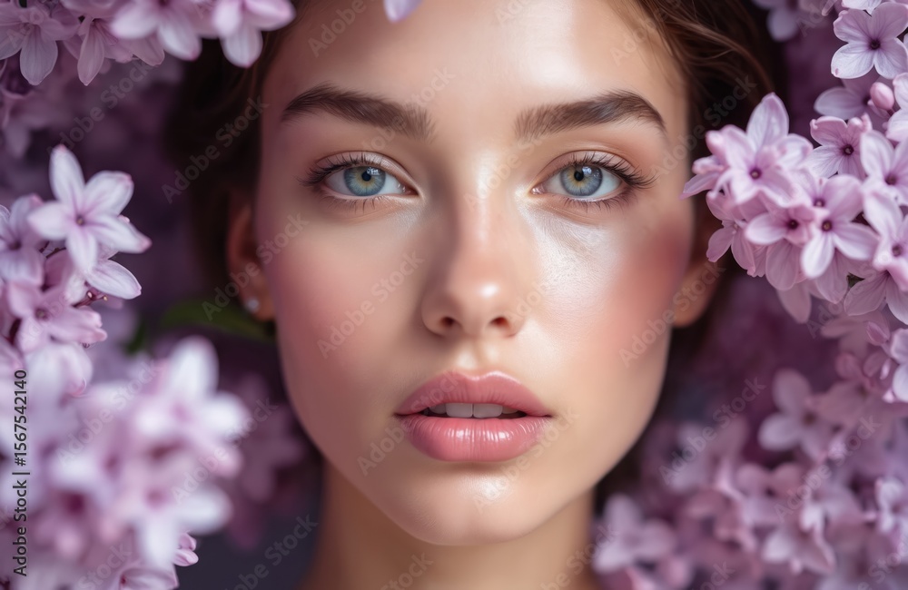 Young woman with delicate lilac flowers framing face. Features close-up portrait flawless skin, soft makeup, striking blue eyes. Evokes sense of natural beauty, springtime freshness, cosmetic Young woman with delicate lilac flowers framing face. Features close-up portrait flawless skin, soft makeup, striking blue eyes. Evokes sense of natural beauty, springtime freshness, cosmetic