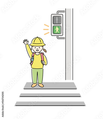 横断歩道で青信号を渡ろうとする子どものイラスト（女子） 2