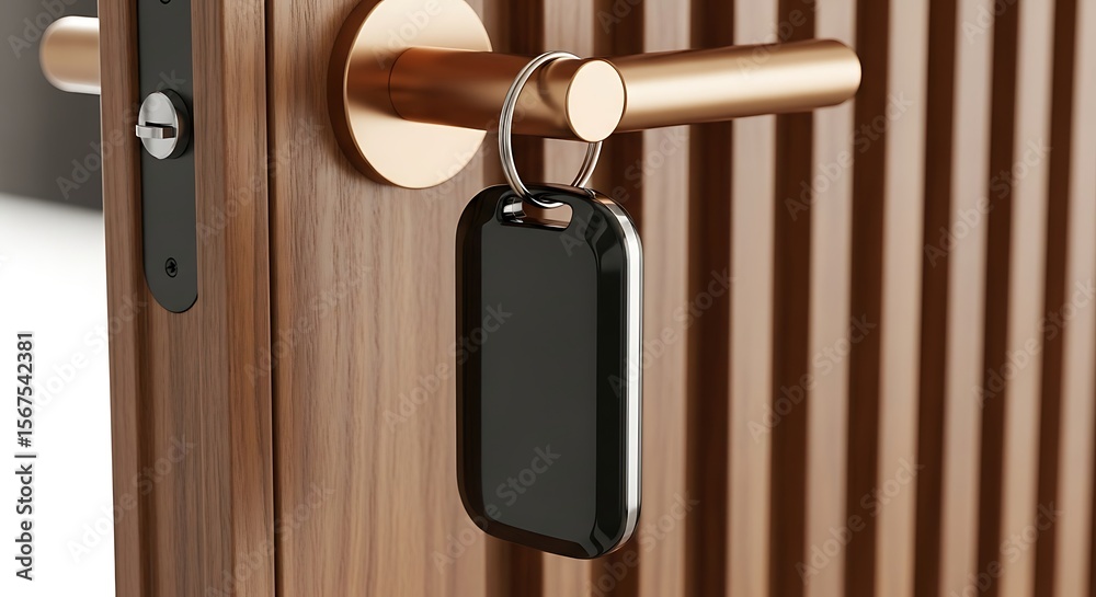 Obraz premium Modern hotel room door with key card hanging, access to luxury accommodation