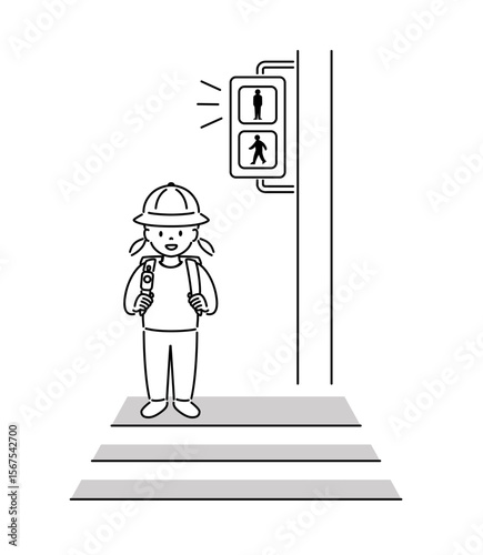 横断歩道で赤信号を待つ子どものイラスト（女子）_線画