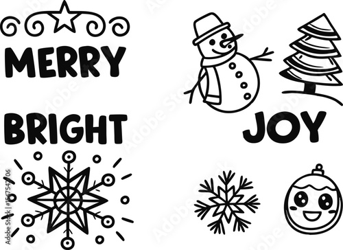 Merry and Bright Christmas Set Illustration for Holiday Designs. Festive Merry and Bright Christmas Clipart for Digital and Print. Creative Merry and Bright Christmas Artwork for Invitations and Cards