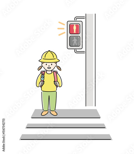 横断歩道で赤信号を待つ子どものイラスト（女子） 2