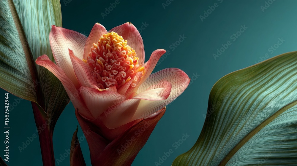 Fototapeta premium Closeup of a Pink and White Flower with Green Leaves Against a Teal Background