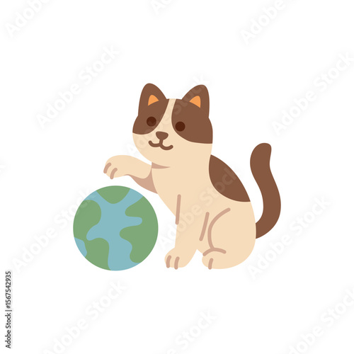 A playful cat with brown markings sits beside a globe