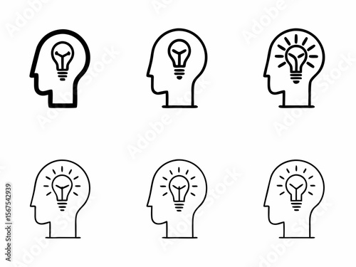 Set of six head profile icons with light bulb representing ideas isolated on white background