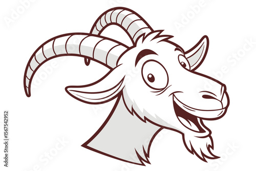 Outlined cartoon goat head featuring smiling expression with large horns gives comical appearance