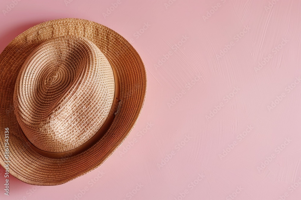 Vibrant Color Picture of Brown Panama Hat on a Pink Background Vibrant Color Picture of Brown Panama Hat on a Pink Background