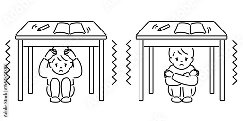 地震時に机の下に隠れる子ども（男の子）_線画