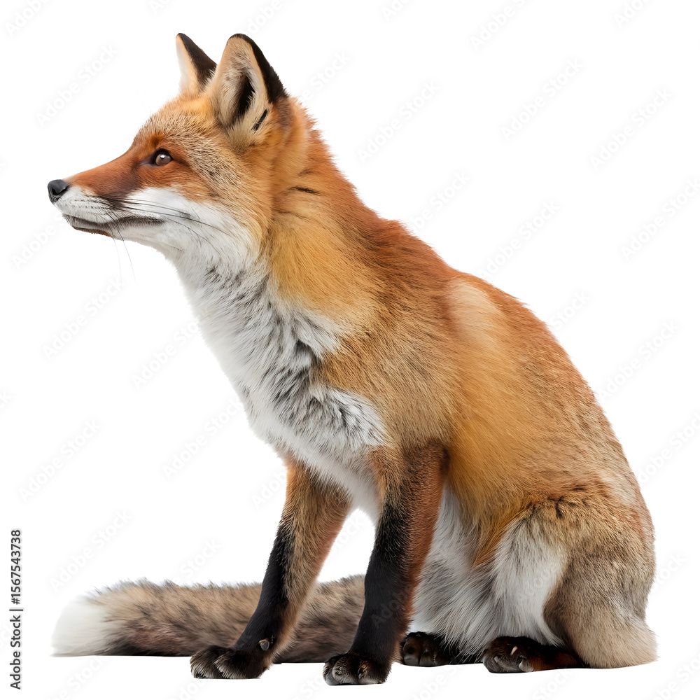 Fototapeta premium Realistic red fox sitting in front view with soft fur texture transparent background png
