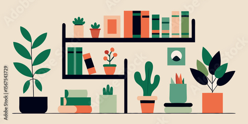 Modern Home Decor Bookshelves with Plants and Greenery
