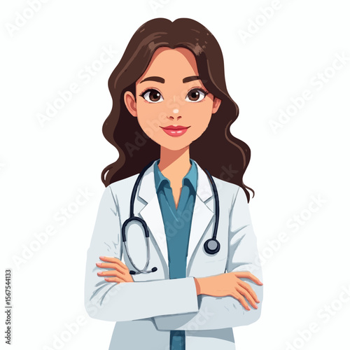 Doctor, woman, healthcare, stethoscope, medical, professional, illustration, vector, clinic, confident, white coat, modern, patient care, design, 