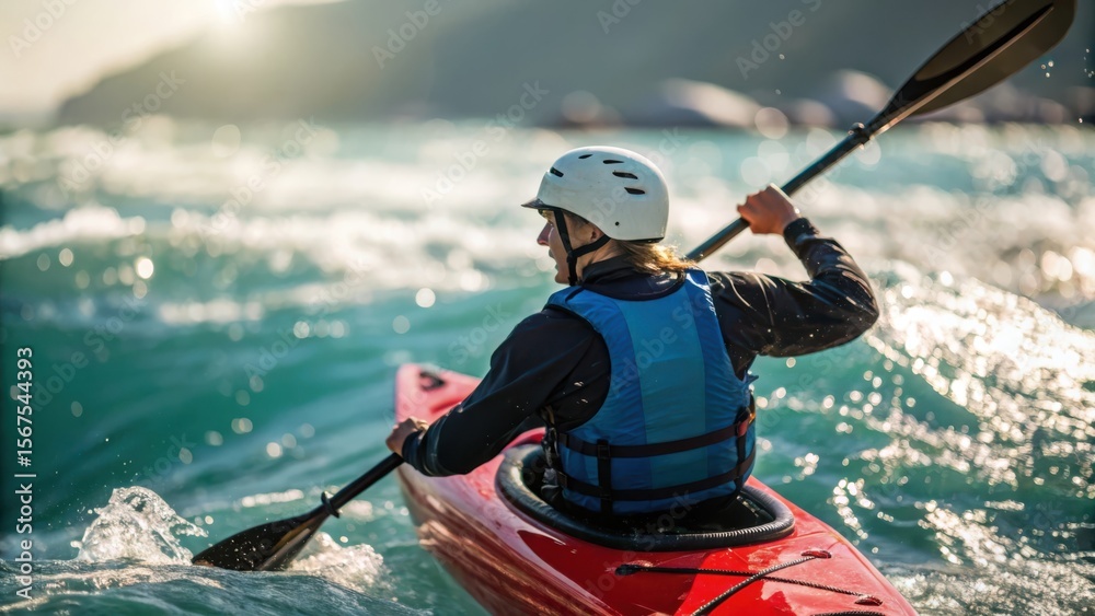 Obraz premium Person kayaking on turquoise water with sun flare and white water splashes