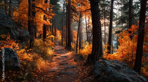 Autumn Forest Path with Vibrant Orange and Red Leaves