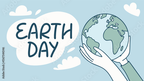 Earth Day illustration: Gentle hands carefully cradling a stylized Earth globe against a soft blue sky, conveying a hopeful and peaceful mood; hand-drawn style.