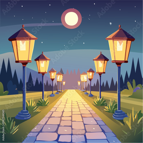 Solar lanterns illuminate stone garden path at night. Warm lights along pathway