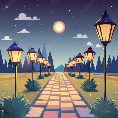 Solar lanterns illuminate stone garden path at night. Warm lights along pathway