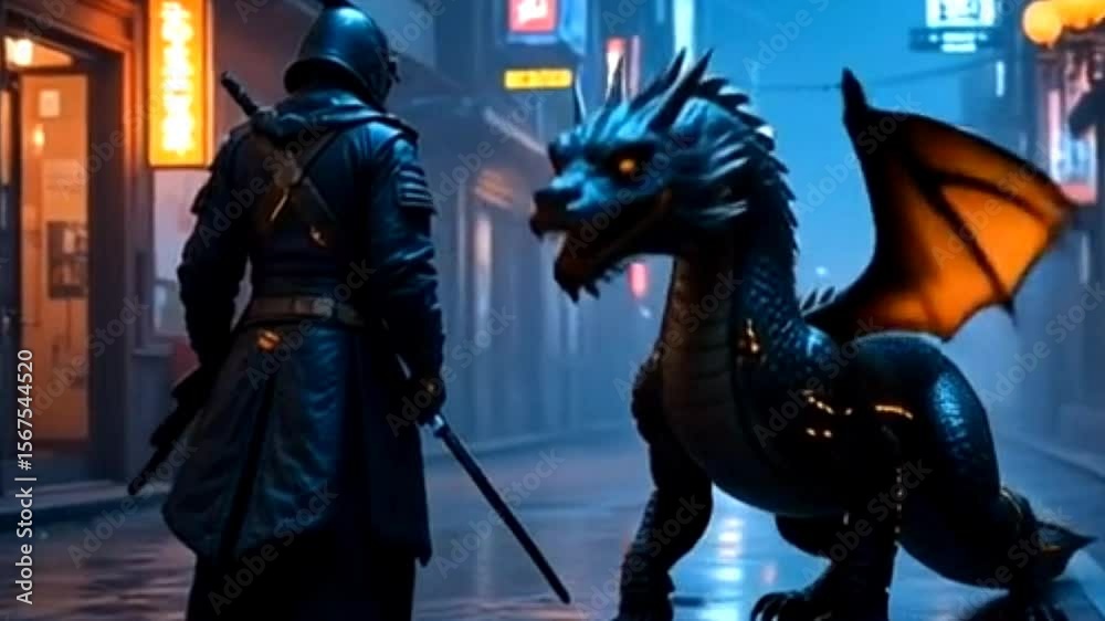 Cyberpunk Ninja and Dragon Encounter in Neon-Lit City Alley A Digital Fantasy Artwork