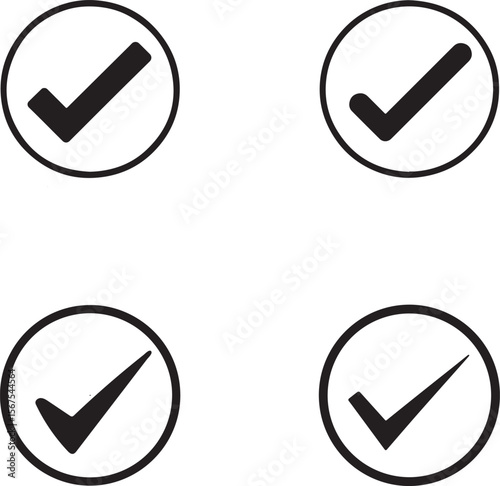 Set of Black Check Mark Icons in Circles, Approval Symbols