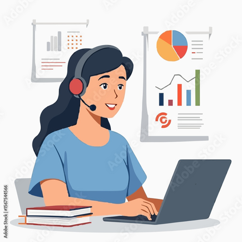 Female support agent working remotely on laptop with headset. Flat vector illustration for customer service, call center, telework, freelance, or virtual assistant concept.