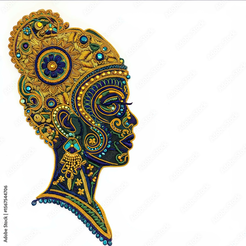 Naklejka premium Intricate embroidered artwork profile of a woman's head adorned with gold and jewel toned threads