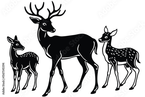 Elegant Deer and Fawn Illustration with Birds and Cloud Outline