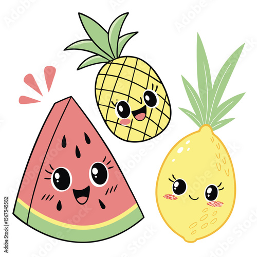 Illustration of a smiling watermelon slice, pineapple, and lemon with cartoon eyes and blush marks