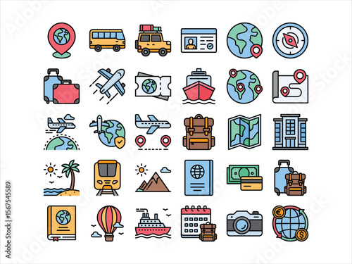 Travel icons collection set, including transportation, destinations, travel essentials, and accommodations. Perfect for travel apps, guides, infographics, and tourism-related designs.