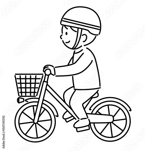 ヘルメットを被って自転車に乗る男の子_線画