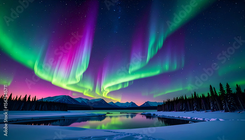 Aurora Borealis with winter lake, and stars.