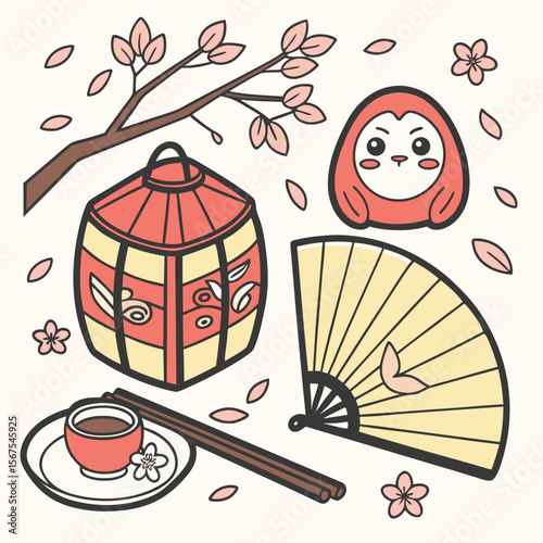 Illustration of a lantern, fan, daruma doll, tea, chopsticks, and cherry blossoms on a light background