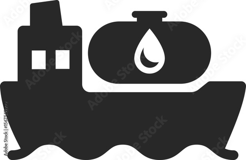 Oil ship solid icon used in marine fuel transport, petroleum shipping, and energy trade designs.