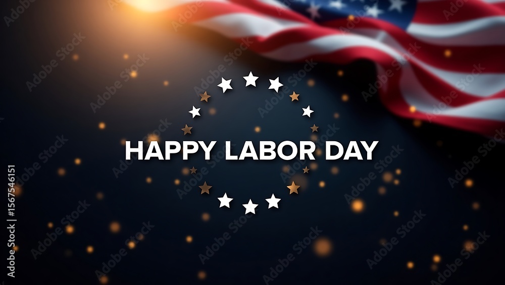 Obraz premium Happy labor day greeting with american flag and stars on dark background