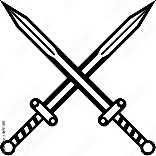 An isolated, old, and sharp medieval weapon with a wooden handle and a metal blade is illustrated on a white background