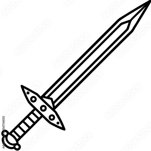 An isolated, old, and sharp medieval weapon with a wooden handle and a metal blade is illustrated on a white background