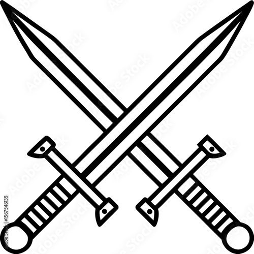 An isolated, old, and sharp medieval weapon with a wooden handle and a metal blade is illustrated on a white background