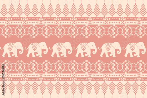 Vector Thai textile pattern with traditional elephant motif in pixel art style, perfect for fabric, wallpaper, or cultural design projects.