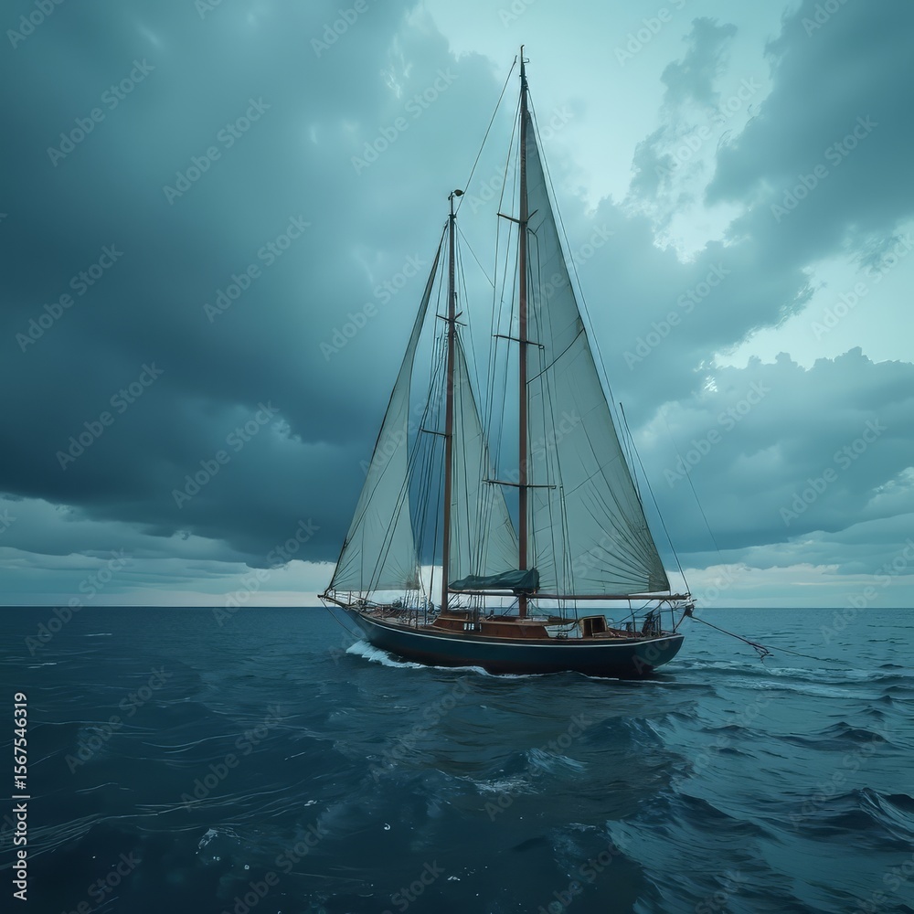Fototapeta premium Sailing Vessel on Open Water Under a Cloudy Sky