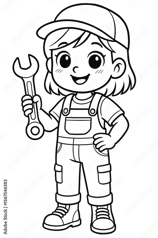 Fototapeta premium Adorable manga-style soldier boy coloring page. Crisp black-and-white line art perfect for kids’ printables, classroom worksheets, military career lessons, and clip-art craft projects.