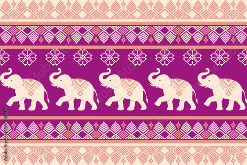 Vector Thai textile pattern with traditional elephant motif in pixel art style, perfect for fabric, wallpaper, or cultural design projects.