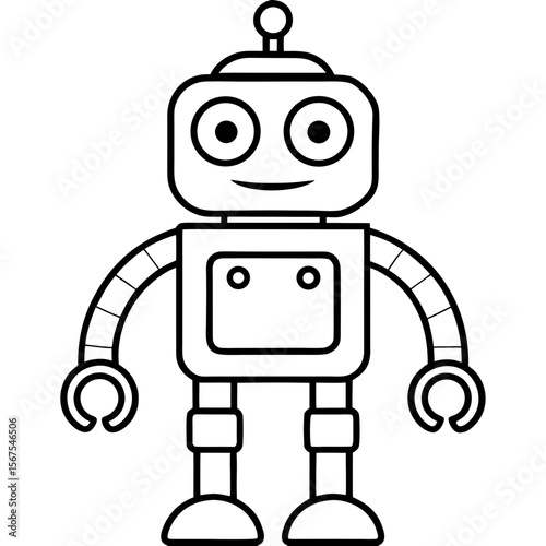 Funny cartoon robot character vector illustration: a cute, futuristic, retro, and metallic toy android machine