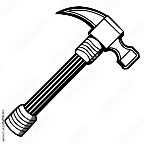 Claw hammer with nail, an isolated black and white metal construction tool vector illustration