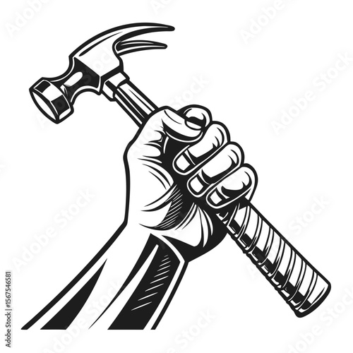 Hand holding a steel hammer over an anvil, a strong metal work tool vector illustration
