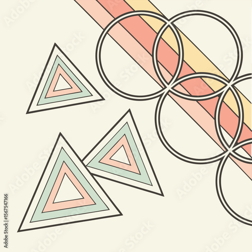 Abstract geometric design featuring nested triangles intersecting circles and pastel stripes artfully arranged