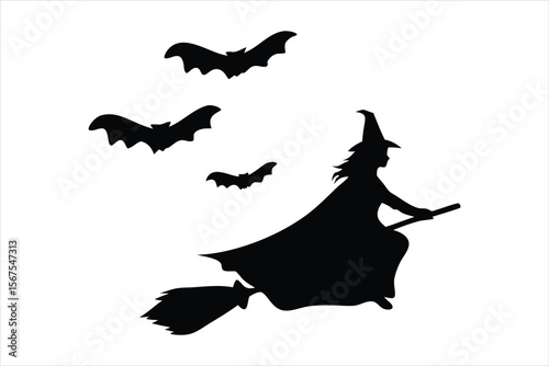 Witch Flying on Broomstick Silhouette - Halloween Bats Vector