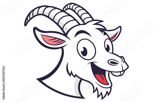 Cheerful goat head shows a welcoming smile with its cartoon design and horns