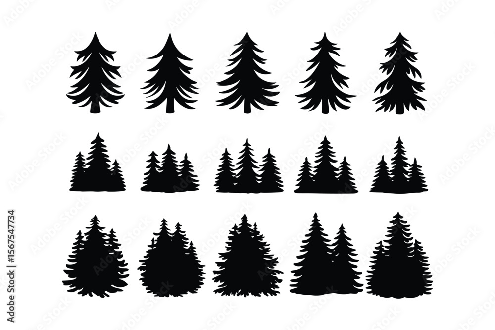 Obraz premium Detailed Pine and Fir Forest Tree Silhouettes Collection